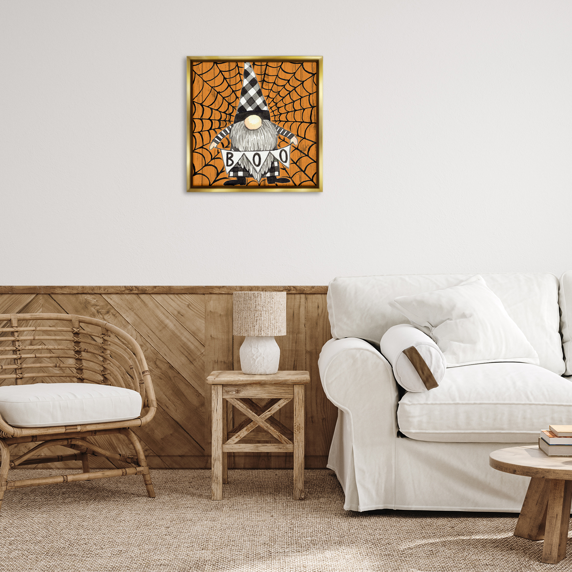 Stupell Industries Rustic Halloween Gnome Holiday Painting Gold Floater Framed Canvas Art Print Wall Art, 25 x 25