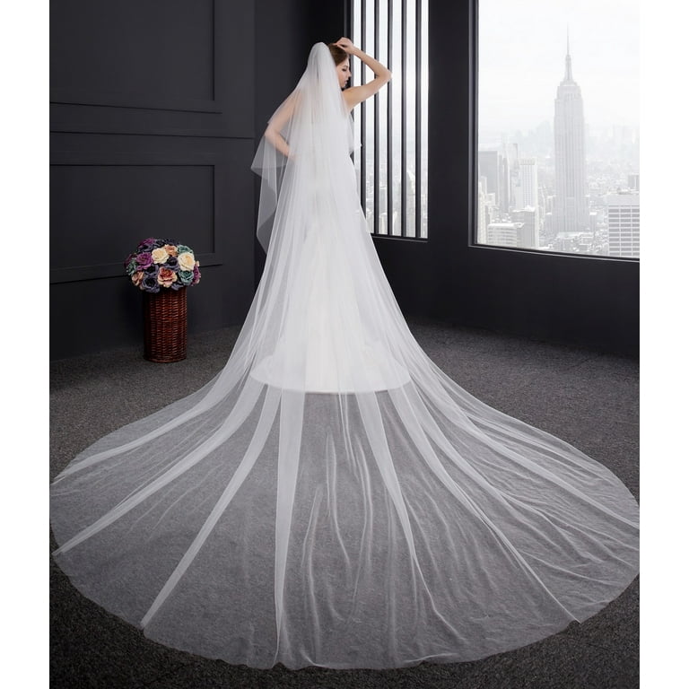 EllieWely 2 Tier Wedding Veil Cathedral Length 3.5 M(138 inch) Plain Tulle Bridal  Veil With Metal Comb L11 Ivory 