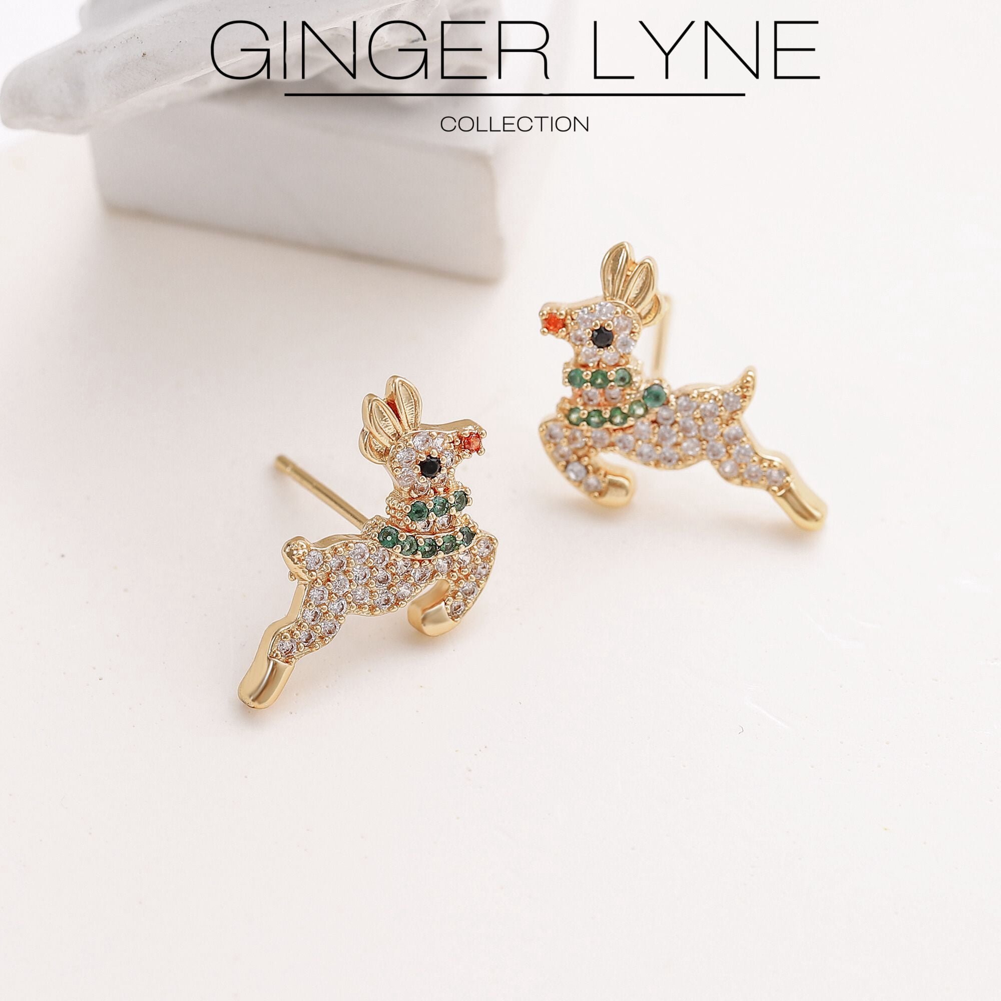 Christmas Reindeer Earrings Womens Flying Deer 14KT Gold Plated Stud CZ Ginger Lyne Collection