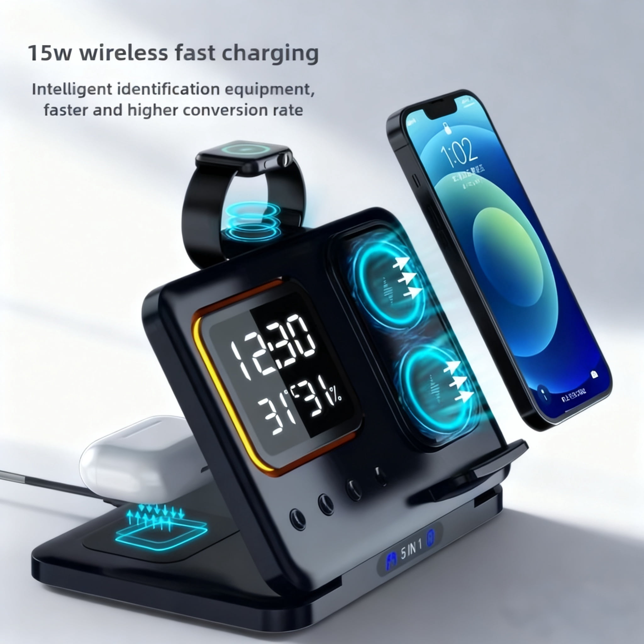 5-In1 Wireless Charging Station Adjustable Night Light, Time And Temperature Display, Ambient Lighting Compatible with Apple Iphones, for Airpods, And Watches Convenient Charging, Smart Experience