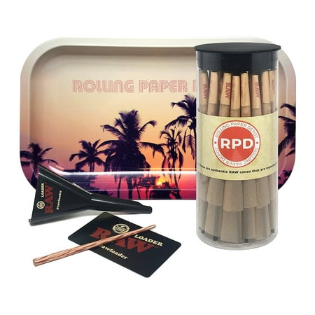 Raw King Size Papers Bundle - 3 Items - 50 Natural RAW King Size Cones, RAW Loader with Rolling Paper Depot Rolling Tray (Retro Palms) ()