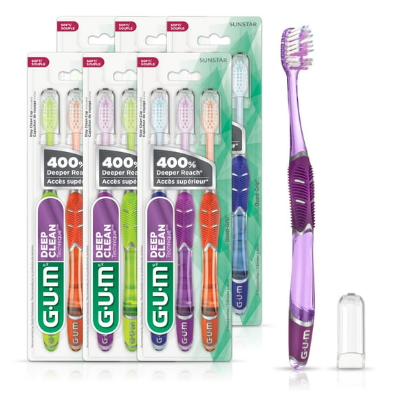GUM Technique Deep Clean Toothbrush with Quad-Grip Handle & Stay Clean Cap, Compact Head & Soft Bristles, 18 Toothbrushes (6 Packs of 3 Toothbrushes), Multicoloured