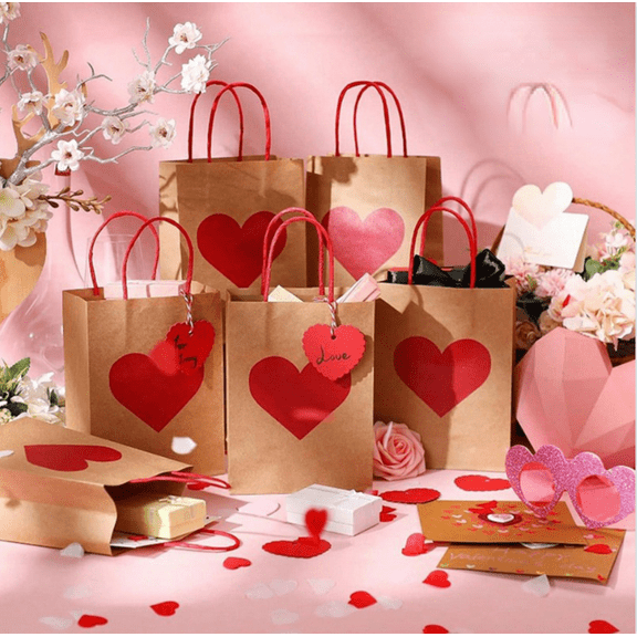 10Pcs Valentine's Day Gift Bags with Handle Kraft Heart Love Paper Bags with Tissue Paper Valentines Goodie for Wedding Gift Wrapping Party Supplies