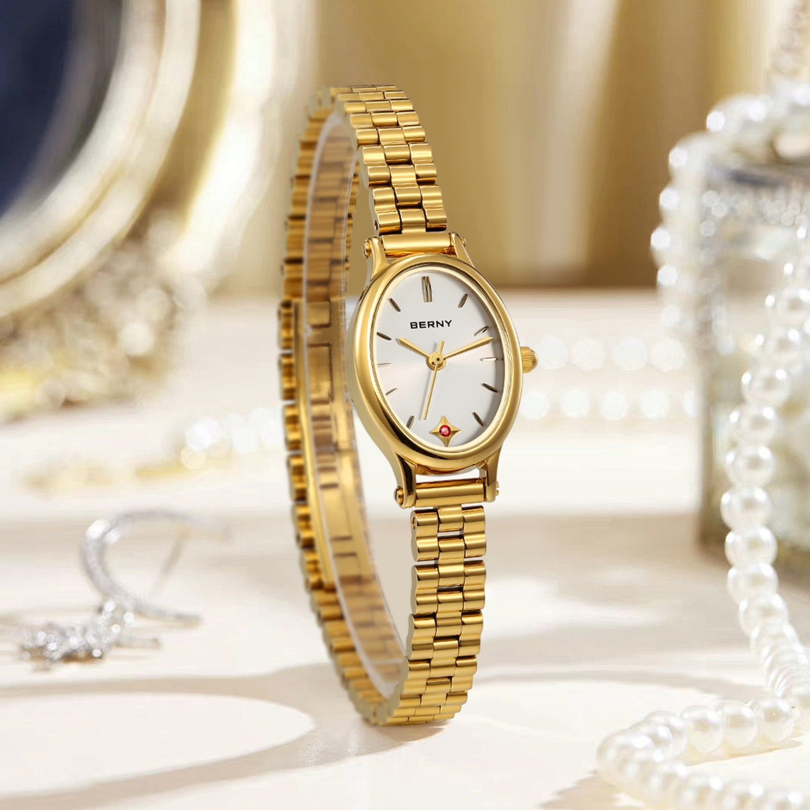 BERNY Small Gold Watches for Women, Dainty Luxury Oval Sunray Dial, Stainless Steel Bracelet Watch, Adjustment Tool Included, Waterproof, Fashion Ladies Analog Quartz Wrist Watch Gifts (White)