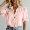 thumbnail image 2 of fheaev Button Up Shirts for Women Solid Color Lapel Lace Short Sleeve Work Tops Summer Outfits Pink XL, 2 of 6