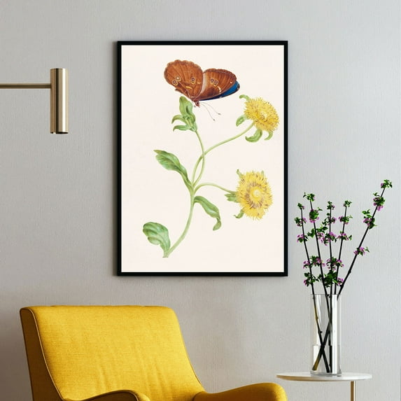 Vlinder op de Knop Van Een Plant Met Gele Bloemen - 1965 | Maria Sibylla Merian | Premium Fine Art Print | 17th Century German | Botanical | Plant Art | Nature Art