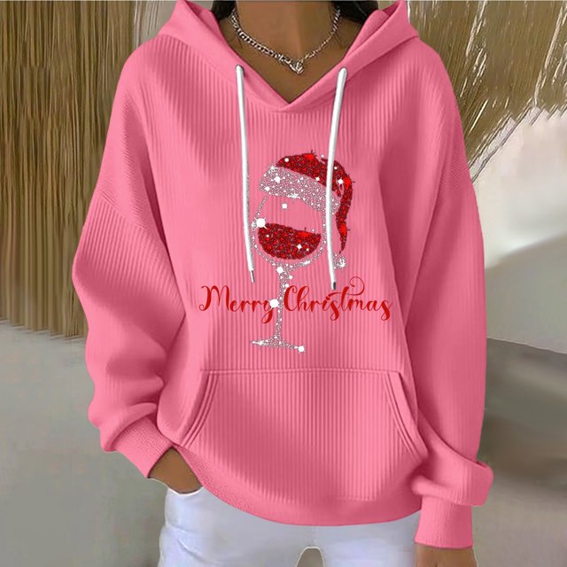 Chandails d'Automne et d'Hiver Grande Taille pour Femmes Chandail à Capuchon à Manches Longues à Col Rond Décontracté et à la Mode avec Imprimé de Noël pour Femmes Chandails à Capuchon Amusants Rose TTG