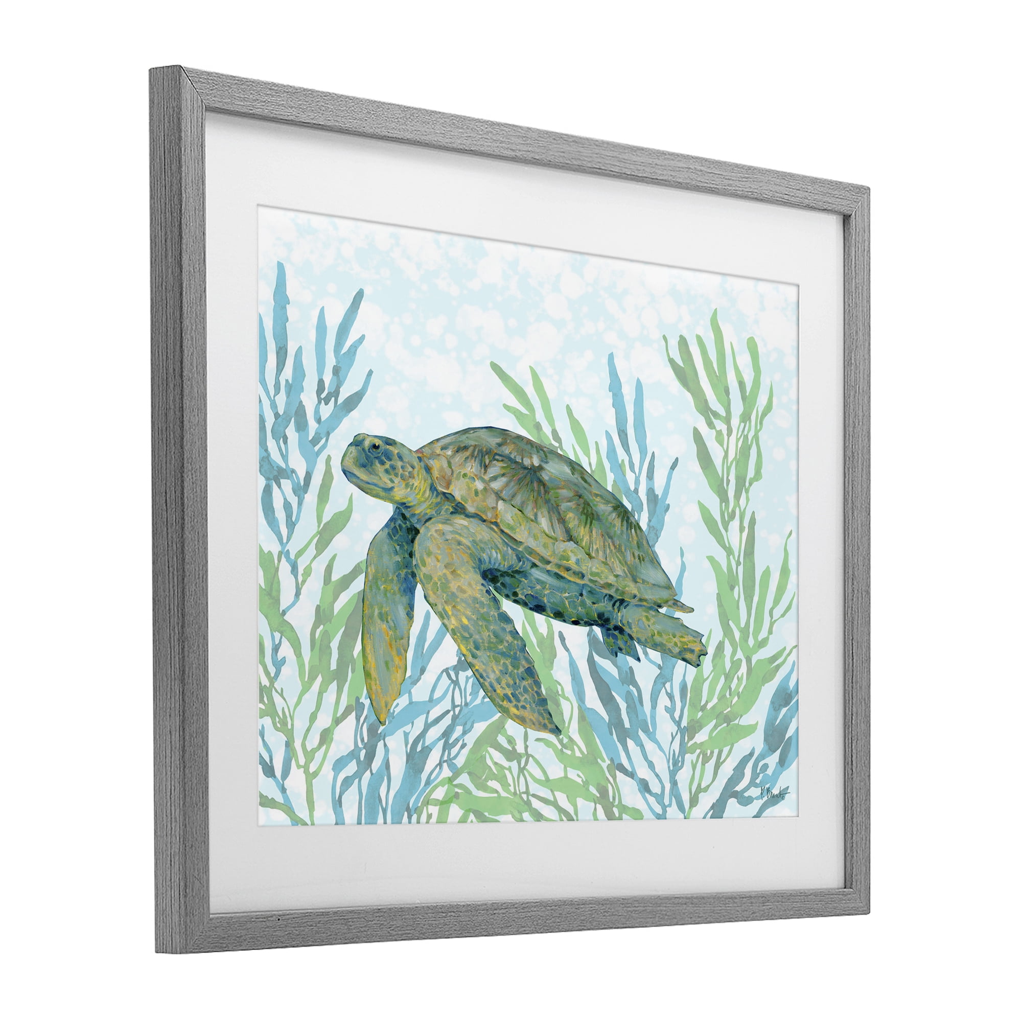 Stupell Industries Tasman Turtle in Seagrass Gray Framed Print Under Glass, design by Paul Brent
