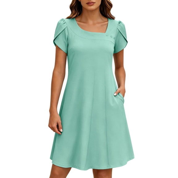 Admvng Women's Dresses Short Sleeve Square Neck Pocket Stretchy Casual A-Line Dress