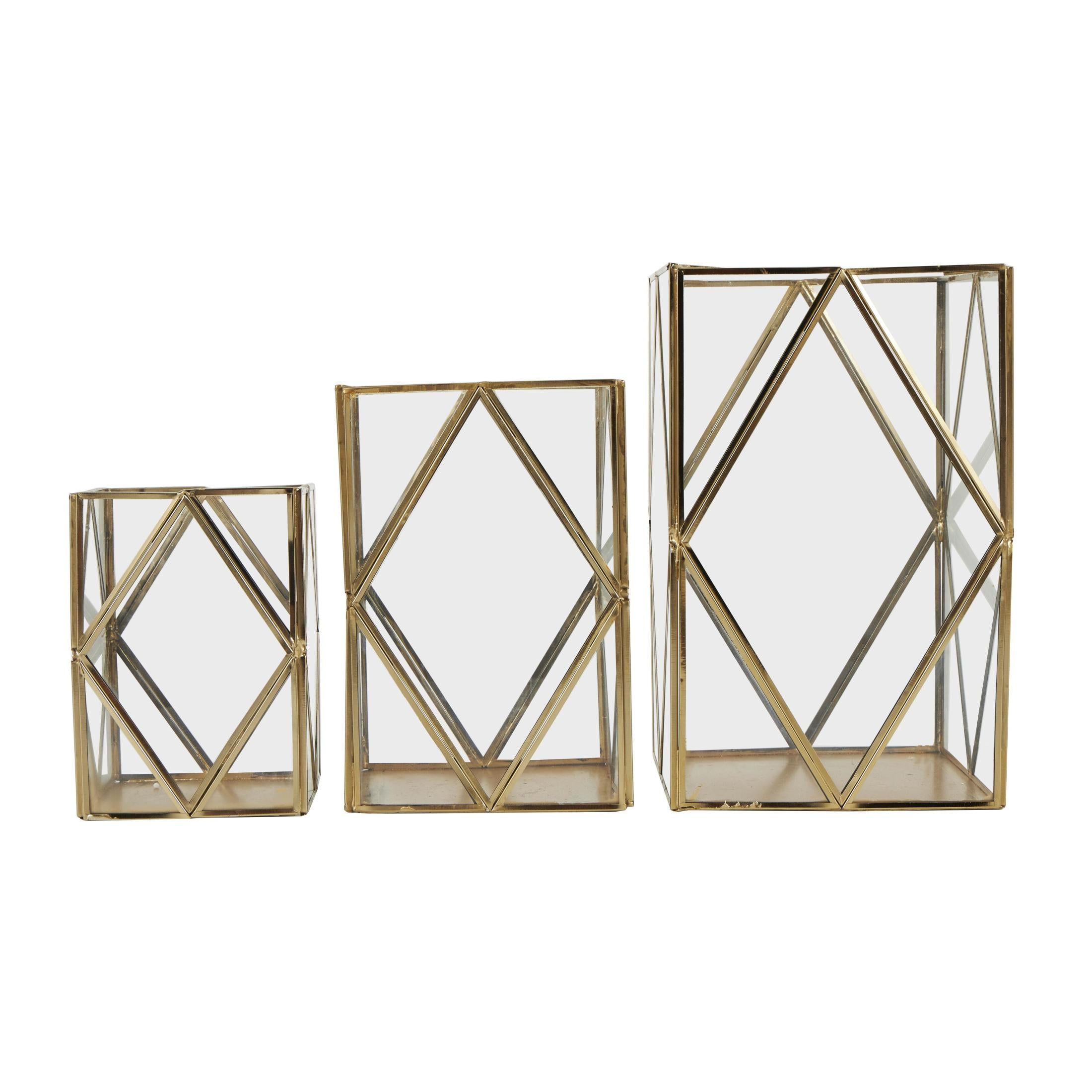 CosmoLiving by Cosmopolitan 3 Holder Gold Metal Geometric Diamond Patterned Rectangular Candle Lantern, Set of 3