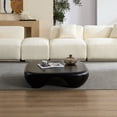 thumbnail image 3 of Modern Coffee Table with Faux Travertine Texture and Black Piano Finish for Living Room or Office, Lightweight Fiberglass-Reinforced Design with Scratch-Resistant Surface and Rounded Base, 3 of 9