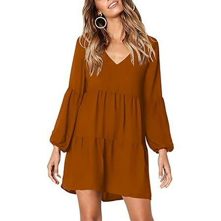 

Floleo Women s Dress Clearance Fall Summer Fashion Solid Color V-Neck Long Sleeve Casual Swing Loose