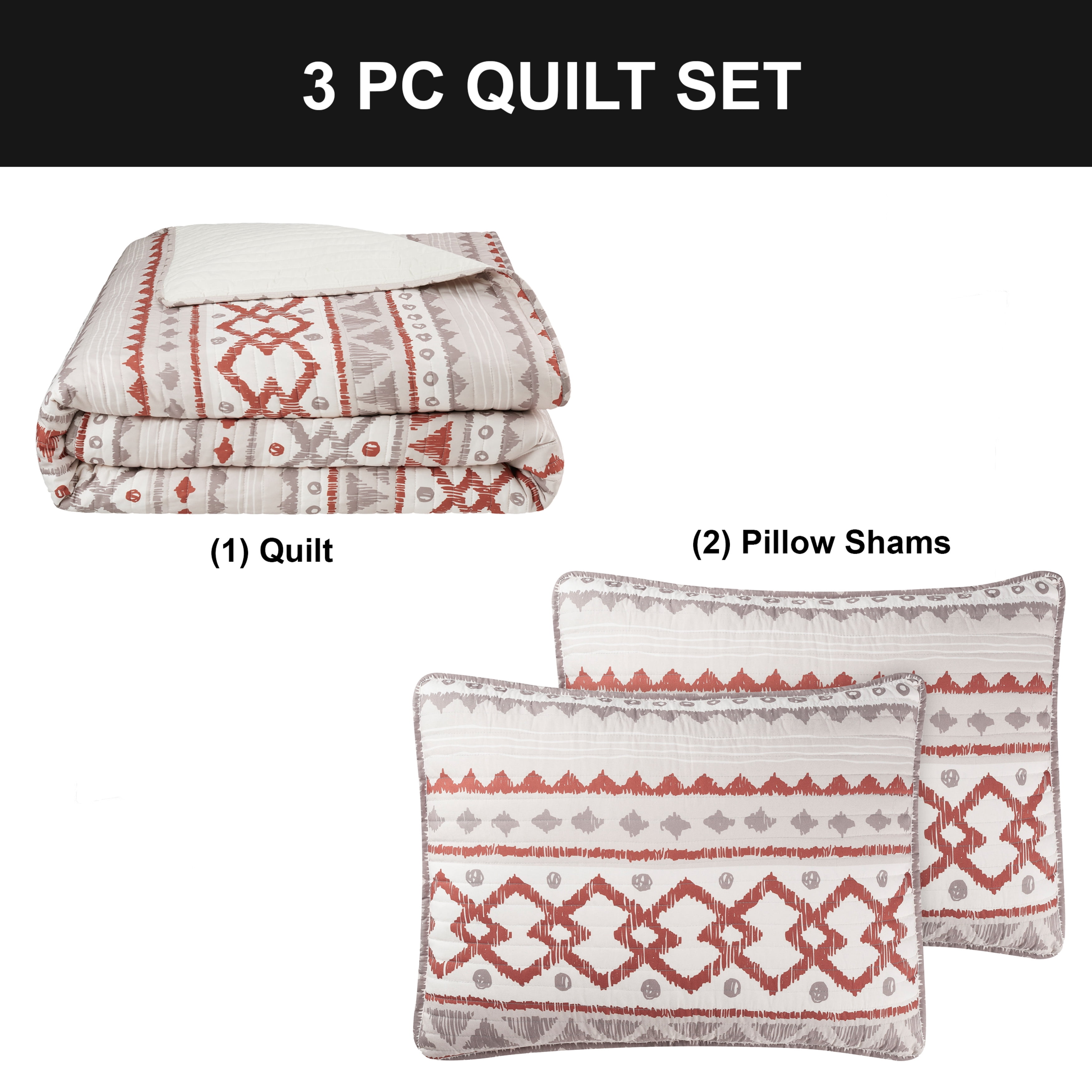 Bedding 3-piece Quilt Set, Natural/Rust, King, Adair by French Connection