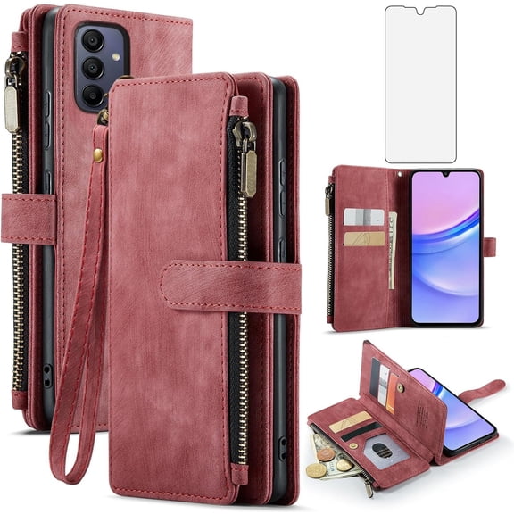 Asuwish Kickstand Hard Shell Wallet Cell Phone Case with Tempered Glass Screen Protector for Samsung Galaxy A15, Red