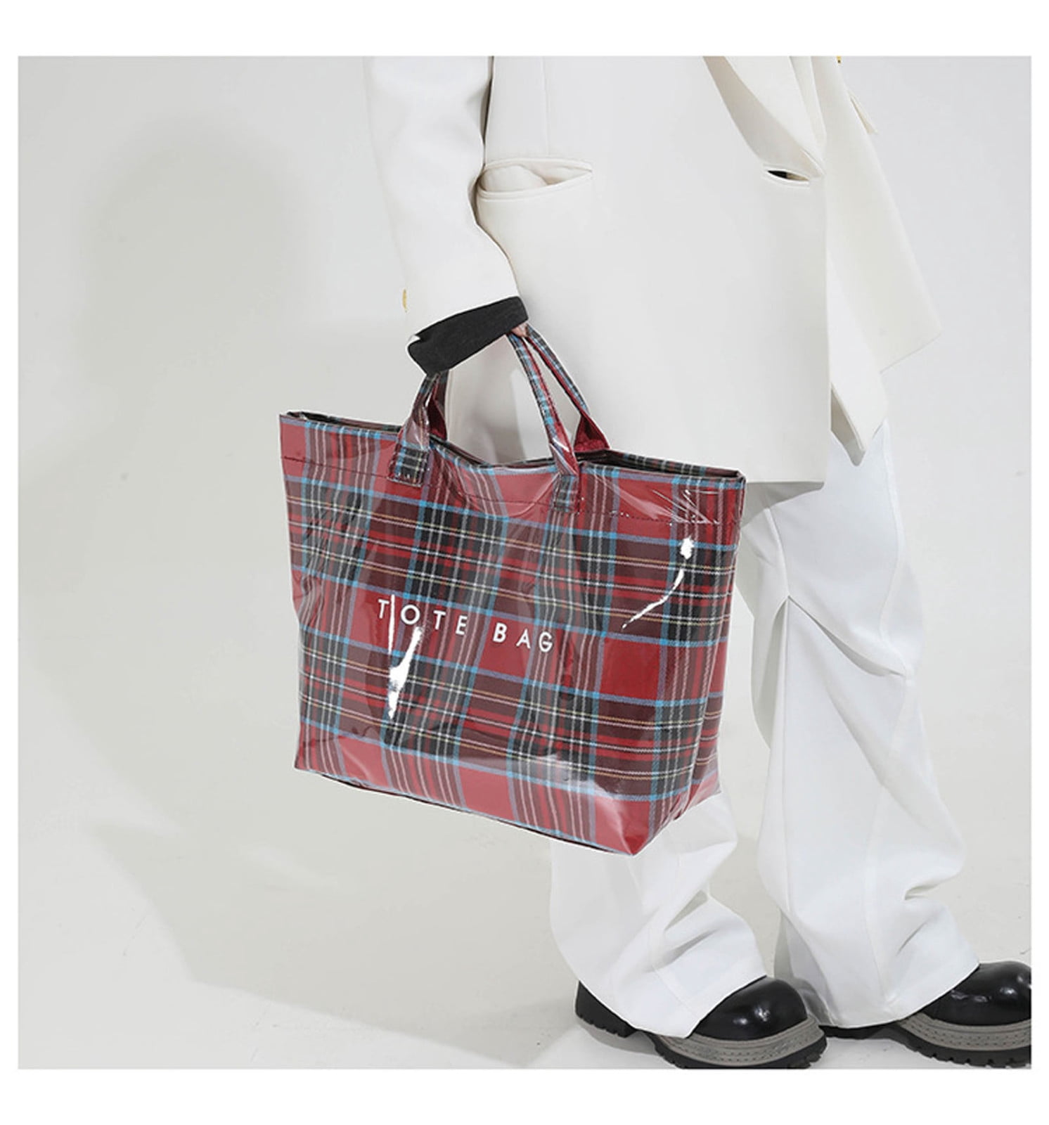 Comefolife Christmas Red Plaid PVC Tote Bag for Women Vintage Christmas Buffalo Check Tote Bag Plastic Handbag