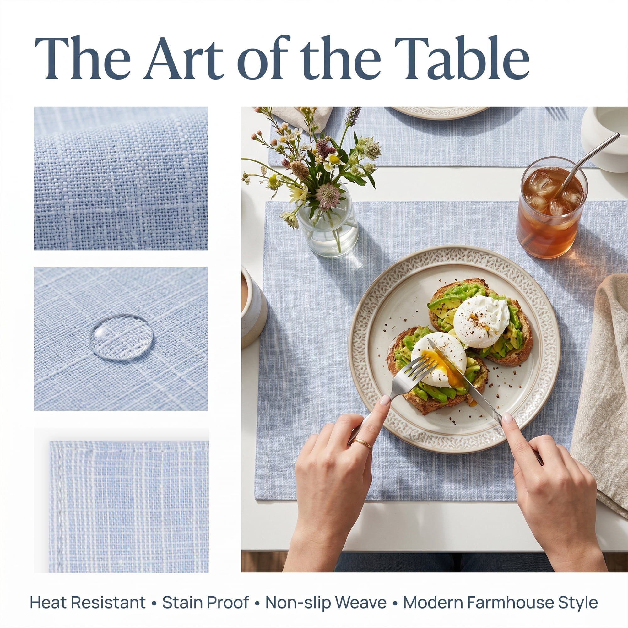Unique Bargains 4Pcs Rustic Cotton Linen Blend Placemats Light Blue 15.7x11.8inch