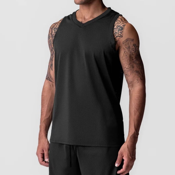 pstuiky Camiseta sin mangas para hombre, Camiseta de secado rápido de malla de color liso con cuello en V para hombre Camisas para hombres xl