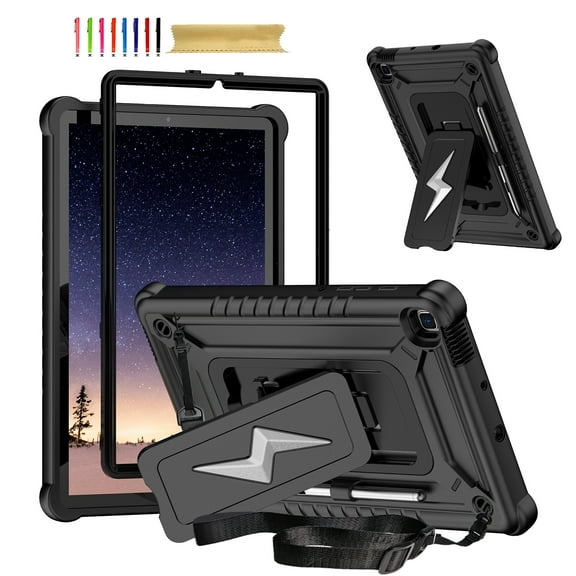 Case for Samsung Galaxy Tab S6 Lite 10.4" 2024 / 2022 / 2020 with Nylon Shoulder Strap, 3 in 1 Hybrid Heavy Duty Shockproof Silicone PC Tablet Cover with Kickstand Case, Black