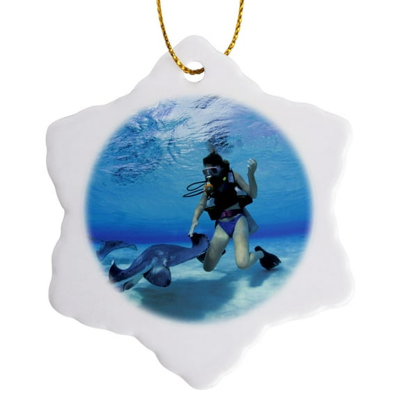 3drose, Cayman Islands. Scuba Diving with Stingray -ca42 Mwt0000 - Michele Westmorland, 3 inch Snowflake Porcelain Ornament