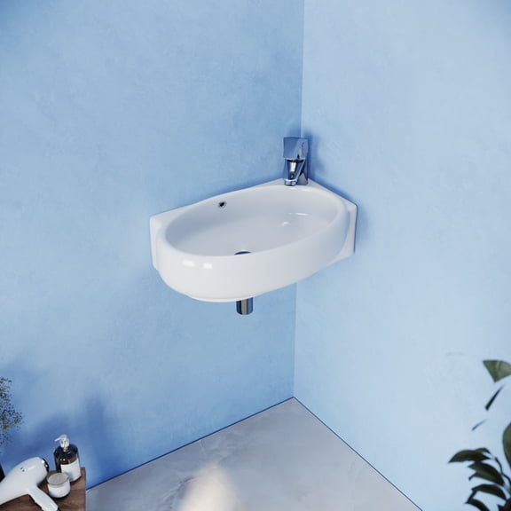 Renovators Supply Carlingwood Corner Wall Mounted Bathroom Sink 17" White Ceramic Oval Floating Vessel Sink w/Overflow and Single Faucet Hole