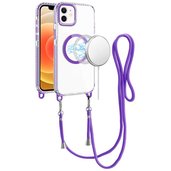 For Apple iPhone 16 Plus (6.7") Clear Magnetic Frame PC Back Shockproof Protective Case with Detachable Lanyard Strap, Compatible with MagSafe Cover, XPM Phone Case [Purple]