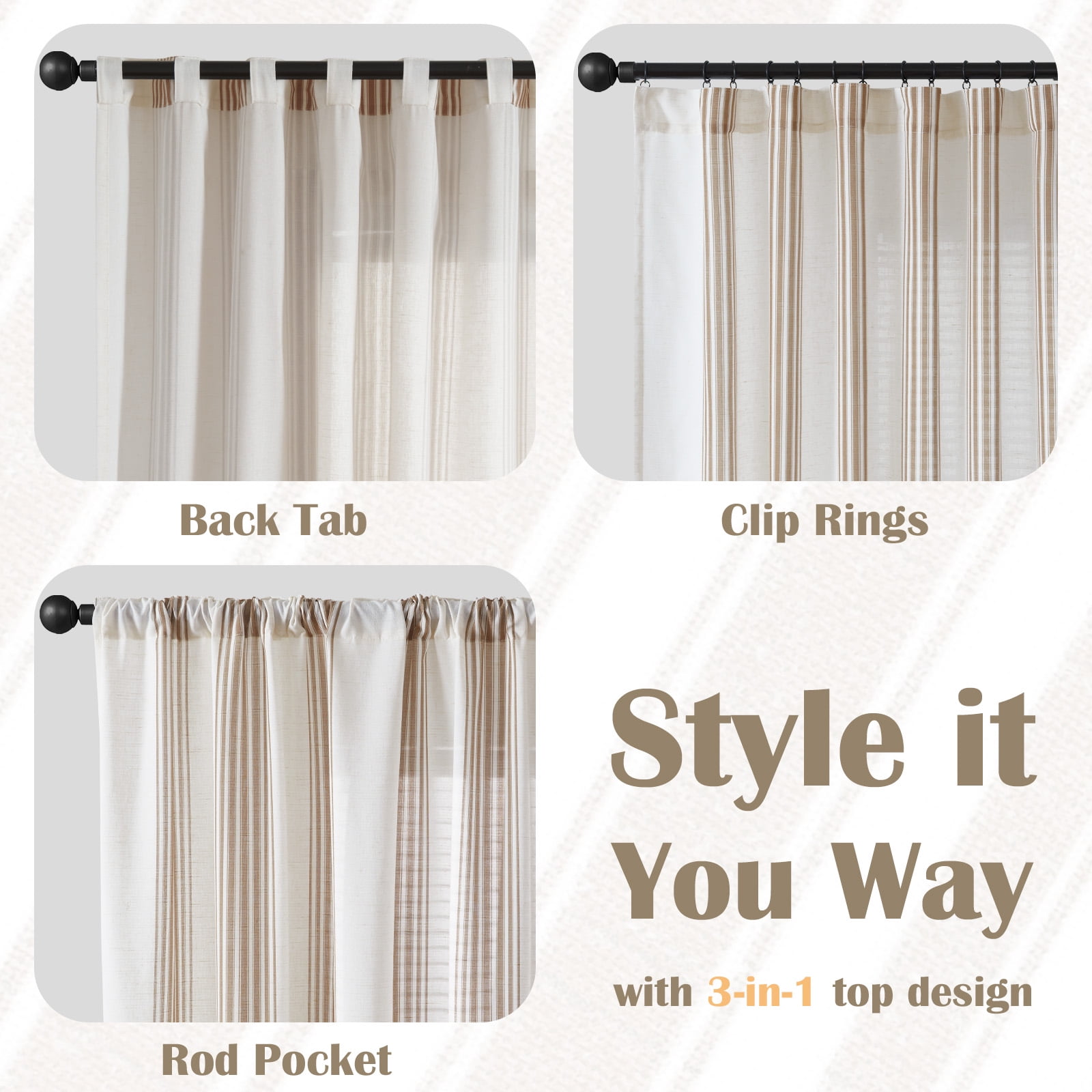 Curtainking Striped Linen Curtains 63 Inch Taupe Farmhouse Rustic Curtains for Living Room Semi Sheer Back Tab Light Filtering Coastal Drapes for Bedroom Window Curtain 2 Panels