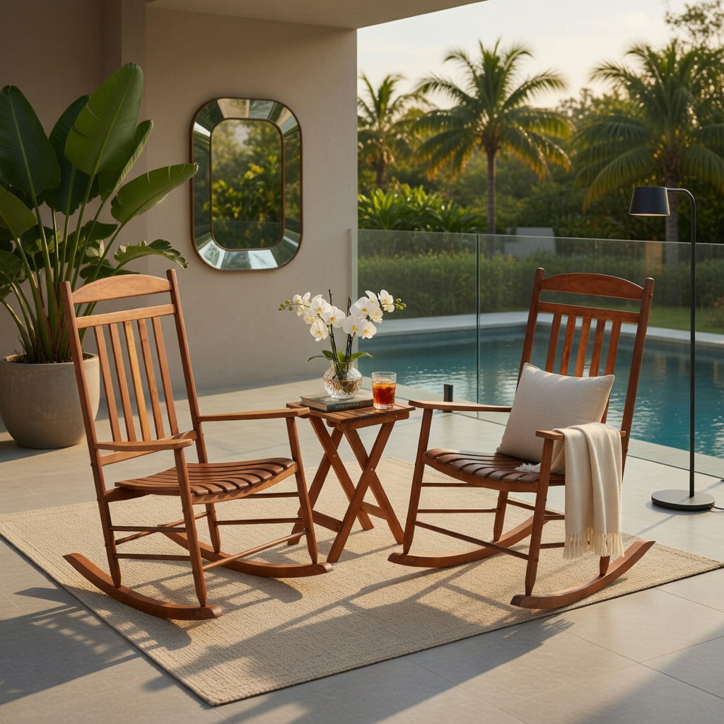 Hommoo 3-Piece Poplar Wood Outdoor Rocking Bistro Set, Foldable Table & Two High-Back Rockers for Patio, Porch, Balcony & Garden, Brown