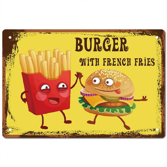 1pc Tin Signs Burger With French Fries Metal Vintage Sign Wall Art Decor Plaque Poster Artwork for Home Kitchen Bathroom Garden Cafes Pubs Restaurants Office Decoration 12x8 Inch