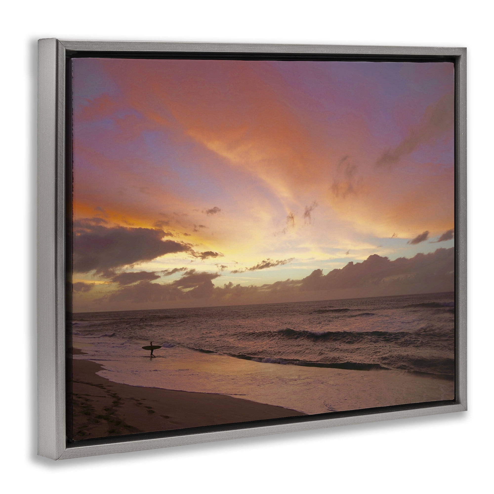 Stupell Industries Surfing Beach Waves at Sunset Nature Photography Gray Floater Framed Canvas Art Print Wall Art, 31 x 25
