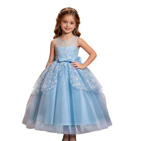 FYDUU Flower Girl Dress Tulle Wedding Guest Party Birthday Pageant Maxi Gown Elegant Dresses For Girls With Bow Formal Party Gown 5-6 Years