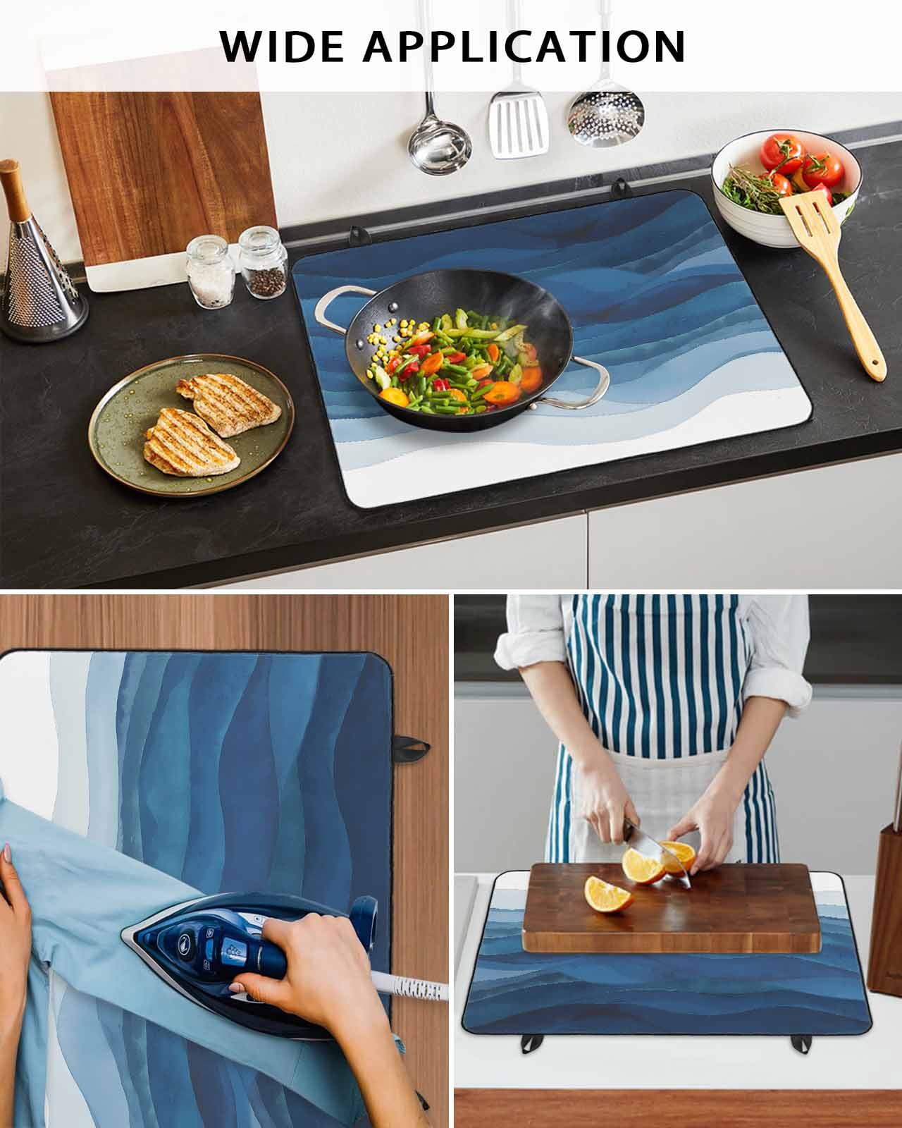 nqOlkjepod Large Induction Cooktop Protector Mat 36"x21", Navy Blue Ombre Stove Top Covers for Electric Stove, Modern Moire Gradient Watercolor Stove Burner Cover Mats, Glass Top Stove Cover