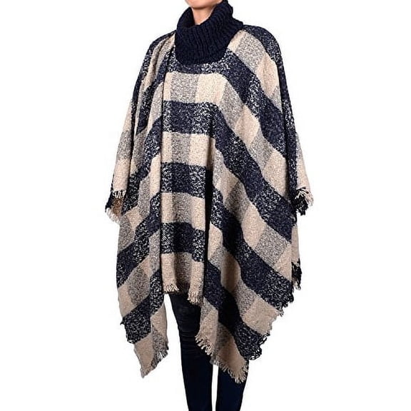 Women's Plaids & Checks High Neck Poncho with Tassel (Ivory)