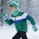 thumbnail image 3 of Conjunto de gorro y bufanda de invierno para niños de poliéster, a rayas con pompón, 3 piezas, cálido, para niños y niñas, ideal para esquí, patinaje, viajes y colegio, 3 of 3