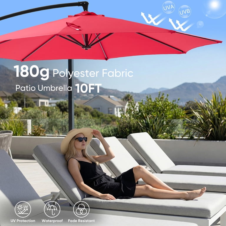 hanging patio umbrella stand 10 ft Solar LED Offset Cantilever Outdoor Market Umbrella-Red your guests Gianna 10ft Offset Hanging Outdoor