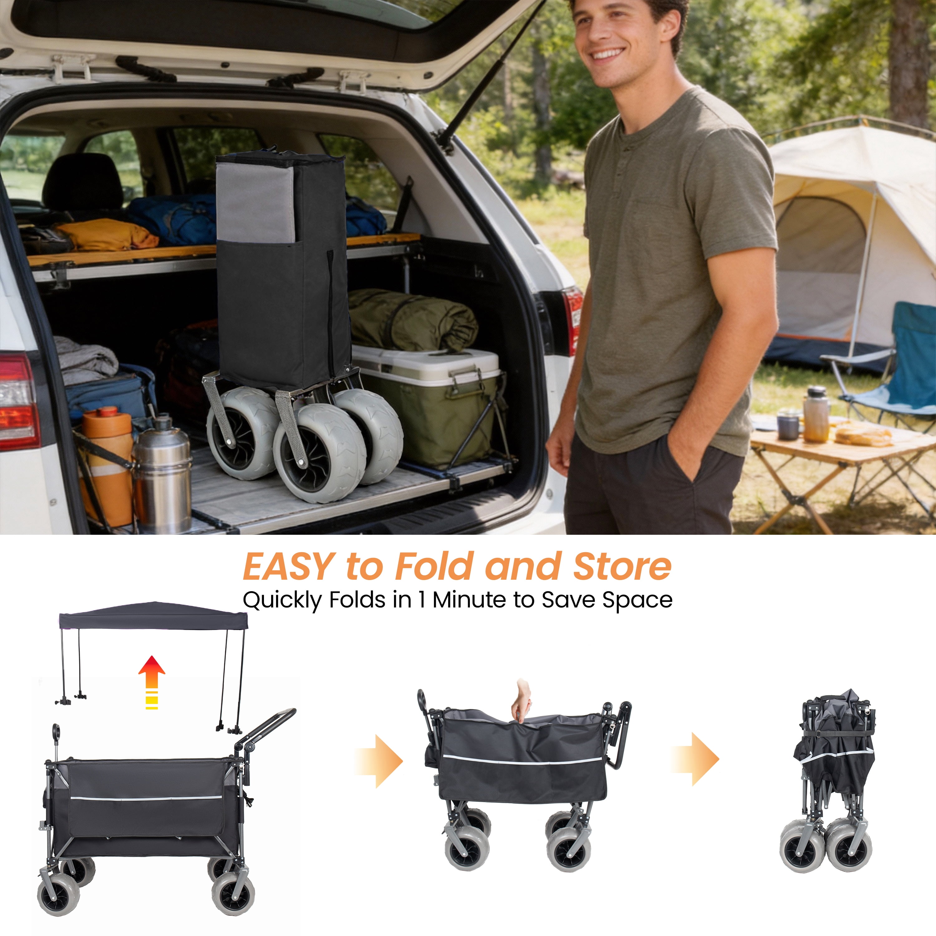 Push-Pull Folding Wagon Cart with Rotating Handle & Canopy, 9"x4" Beach Tires for Camping & Beach, Load Capacity 480lbs, 300L Large Capacity for Transport, Groceries, Outdoor Use
