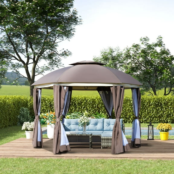 Outsunny 12' x 12' Round Outdoor Gazebo, Patio Dome Gazebo Canopy Shelter with Double Roof, Netting Sidewalls and Curtains, Zippered Doors, Strong Steel Frame, Brown