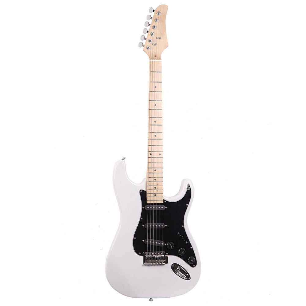 Electric Guitar Kit - 6-String Guitar with 20W Amplifier, Black Pickguard, Carry Bag, Shoulder Strap, Accessories Pack (White)