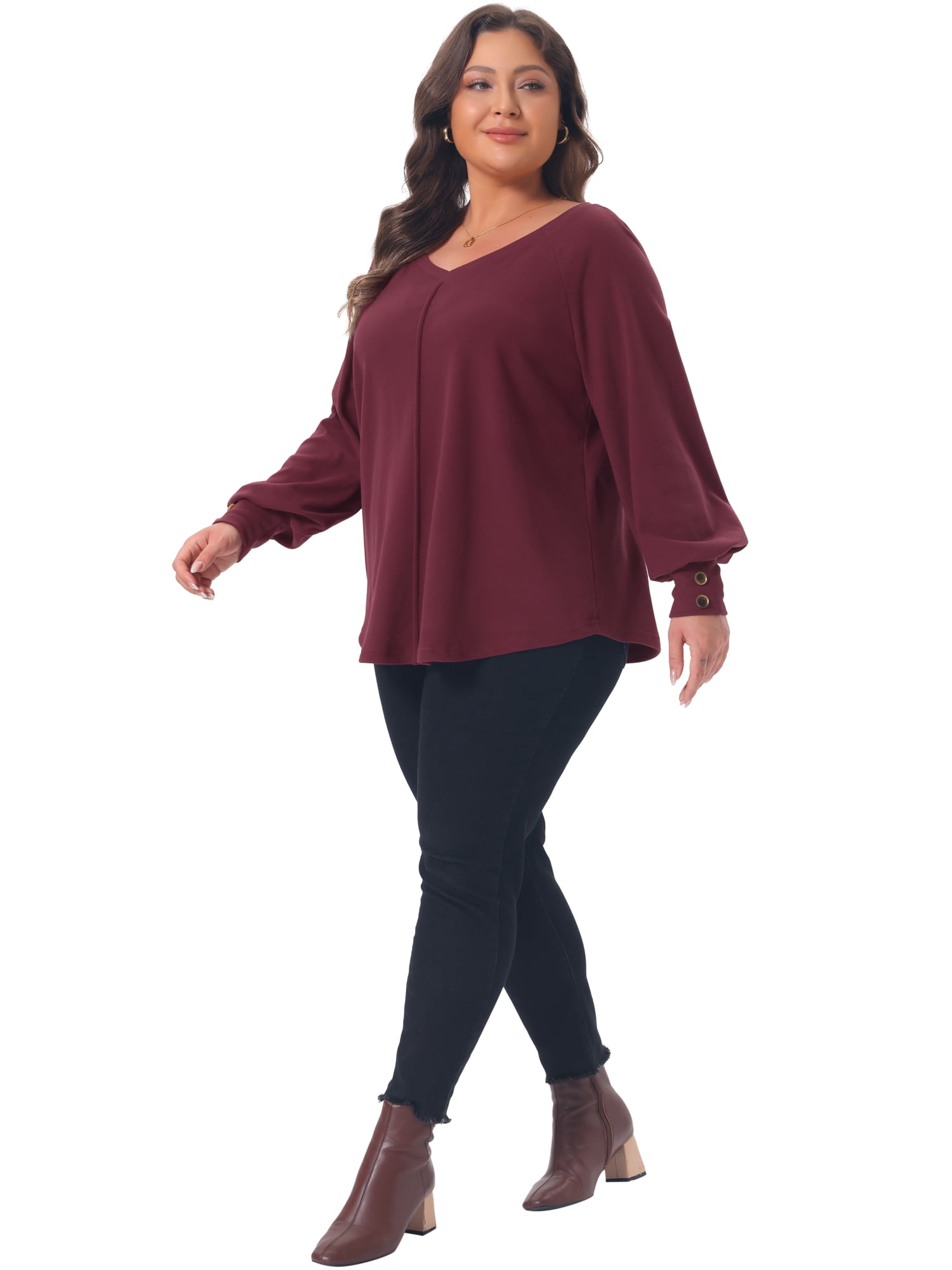 DARING DIVA Women's Plus Tunic V Neck Pleated Long Sleeve Tops 2X Red