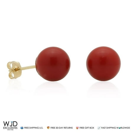 Kenneth Lane Coral Earrings - 14K Solid Yellow Gold Red Coral Ball Stud Pushback Earrings 8mm