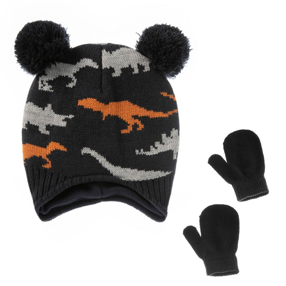 2 Set Baby Toddler Girls Hats and Mittens Kids Winter Knit Hat Fleece Gloves 