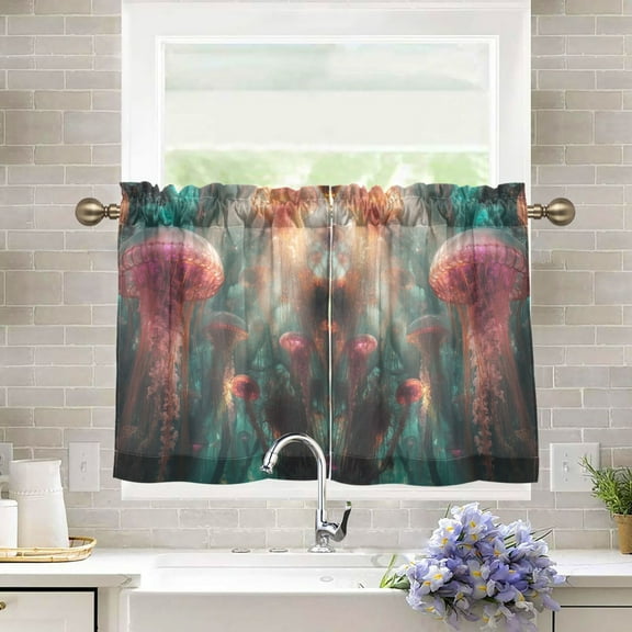 Yayeee Kitchen Curtains Light Filtering 27"x36" Rod Pocket Short Cafe Window Panel, Psychedelic Forest