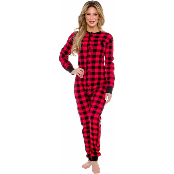 Oh Deer Buffalo Flannel One Piece Pajamas Womens Union Suit Pajamas with Drop Seat Butt Flap by Silver Lilly
