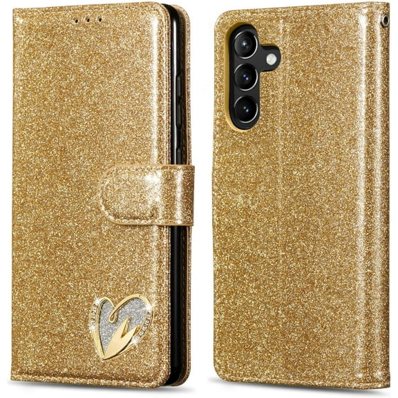 ZUKKASHAN Wallet Case for Samsung Galaxy A16 4G/5G, Glitter PU Leather TPU Bumper Card Holder Kickstand Wrist Strap Inlaid Heart Diamond Flip Folio Cover for Galaxy A16 5G / A16 4G