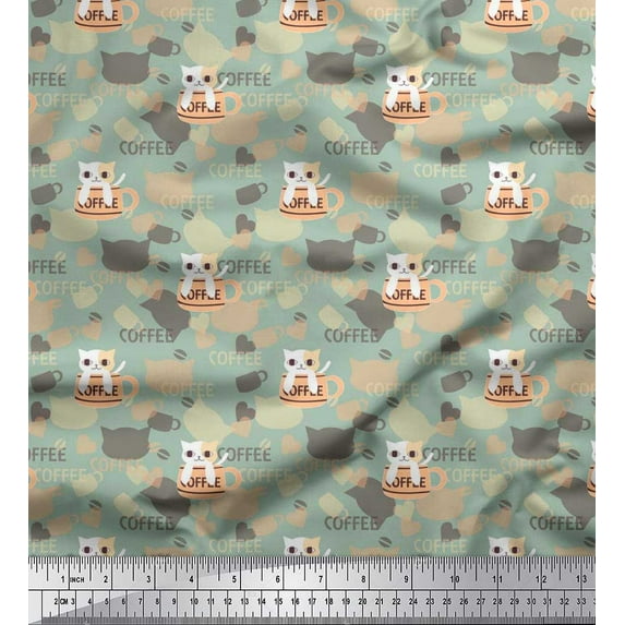 Soimoi Viscose Chiffon Fabric Heart,Coffee Cup & Cat Kids Print Fabric by The Yard 42 Inch Wide