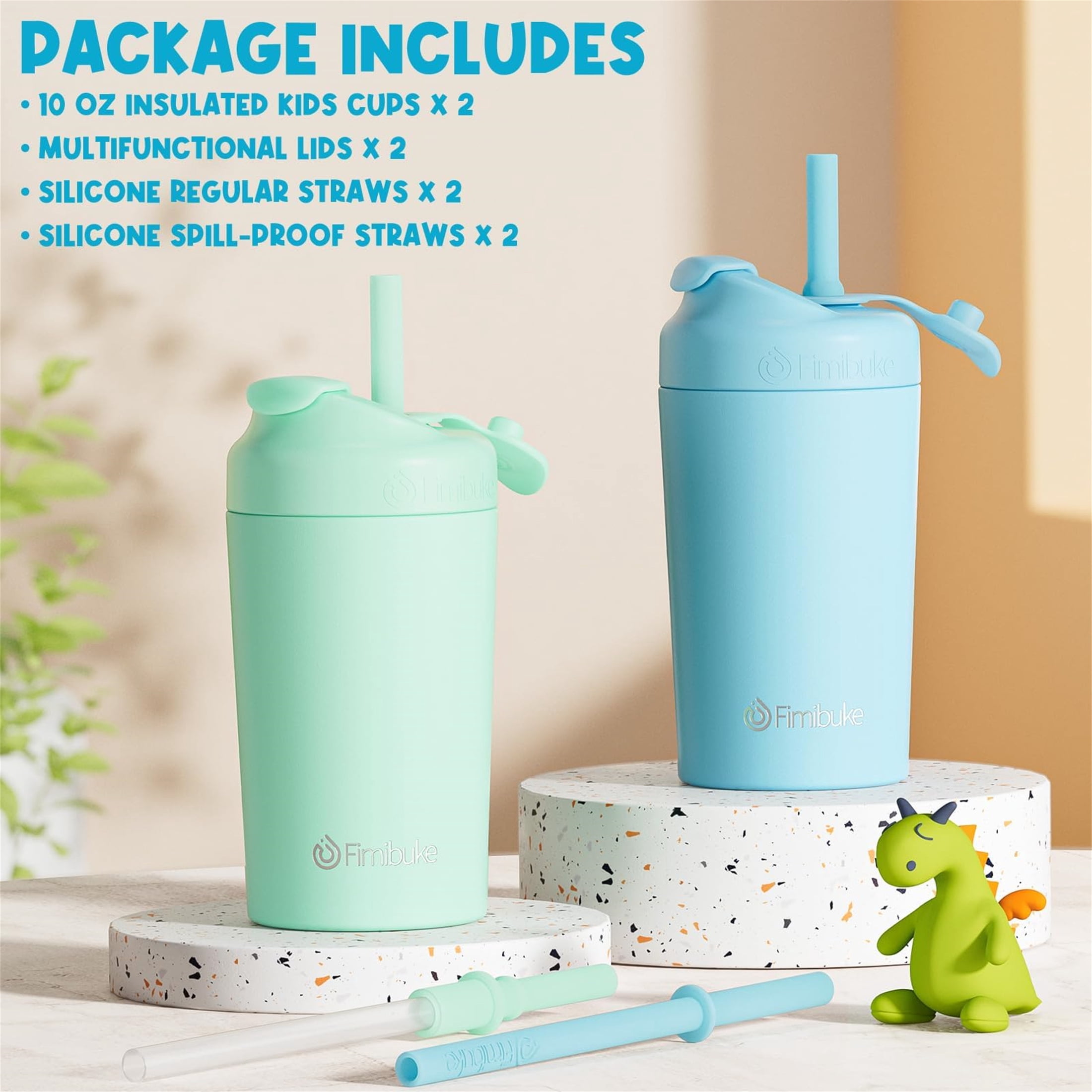 2-Pack 10 OZ Kids Spill Proof Cups with Straws and Lids, Kid Insulated Tumbler Stainless Steel Sippy Cup for Girl Boy, Blue & Mint Green