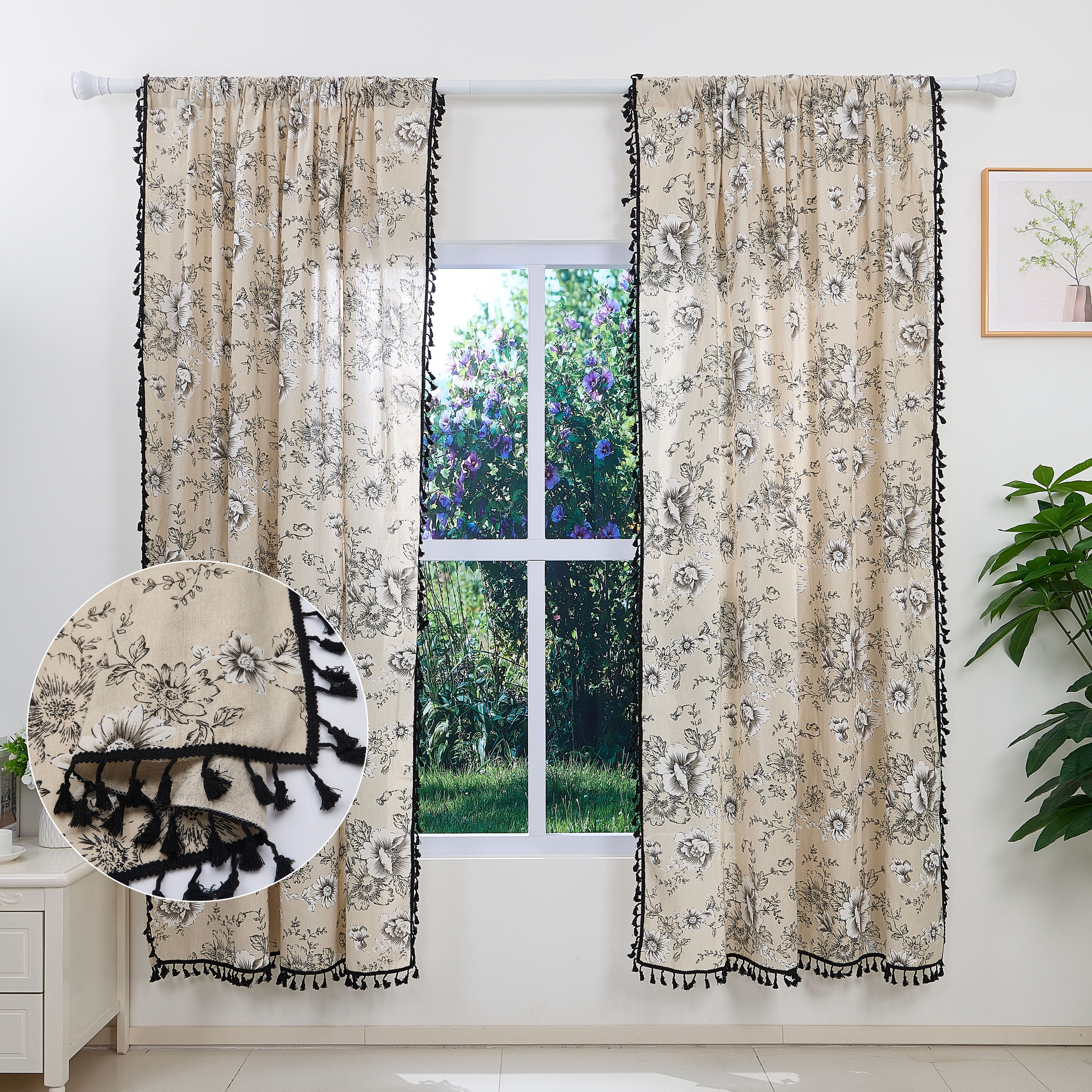 Lfeey Curtains for Living Room 63 Inch Length Black Floral Printed Curtain Rod Pocket, Linen Blend, 2 Panels