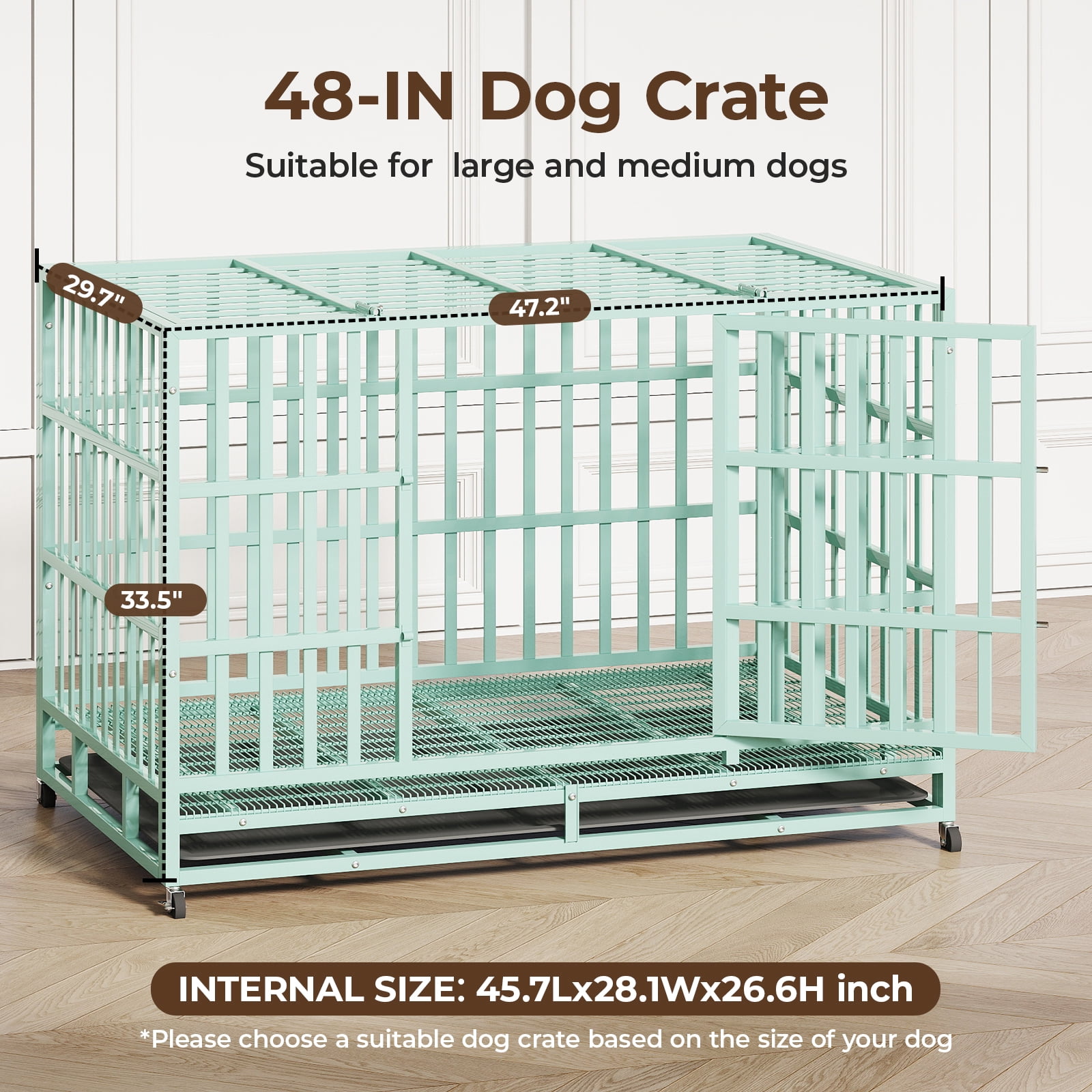 TIME RAY 48" Dog Crate, Heavy Duty Dog Crate Cage for Outdoor and Indoor with Removable Tray,Green