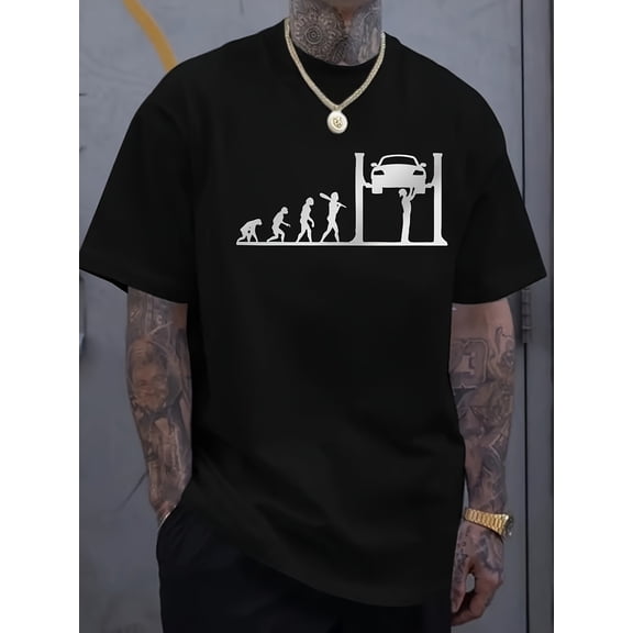 Men's Casual Short Sleeve T-Shirt with Car Repair Evolution Print - 100% Polyester, Regular Fit Crew Neck, Breathable Summer Tee for Car Enthusiasts and Casual Attire, Comfortable Stretch