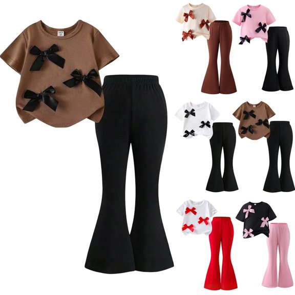 Pandaie 4-7Y Girls 2 Piece Outfits Short Sleeve Crew Neck Bow T-shirt Bell Bottom Flare Leg Pants Set Toddler Spring Summer Fashion Casual Clothes Black 4Y(3-4 Years)