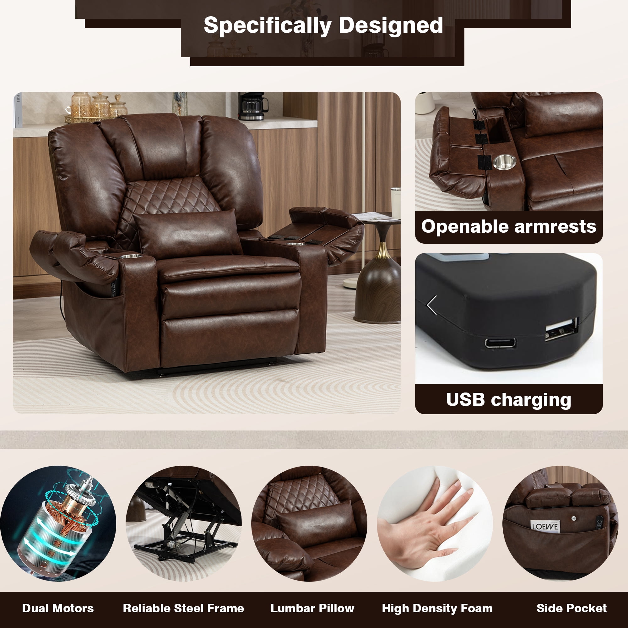 LITVZ Air Compression Waist Massage Recliner for Elderly, Big Man Recliner 400 lbs Heavy Duty, Oversized Power Lift Recliner Chair with Airbag Massage & Heating, Lay Flat 180° for Family